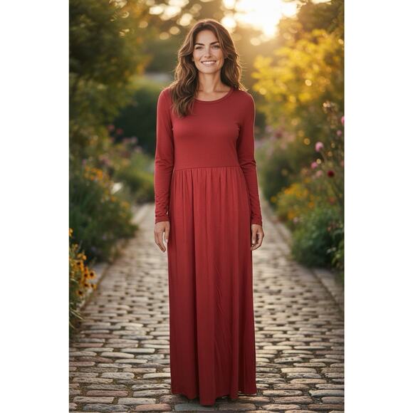 Bellamie Long Sleeve Maxi Dress Size Small Brick Red Soft Casual - Picture 2 of 7